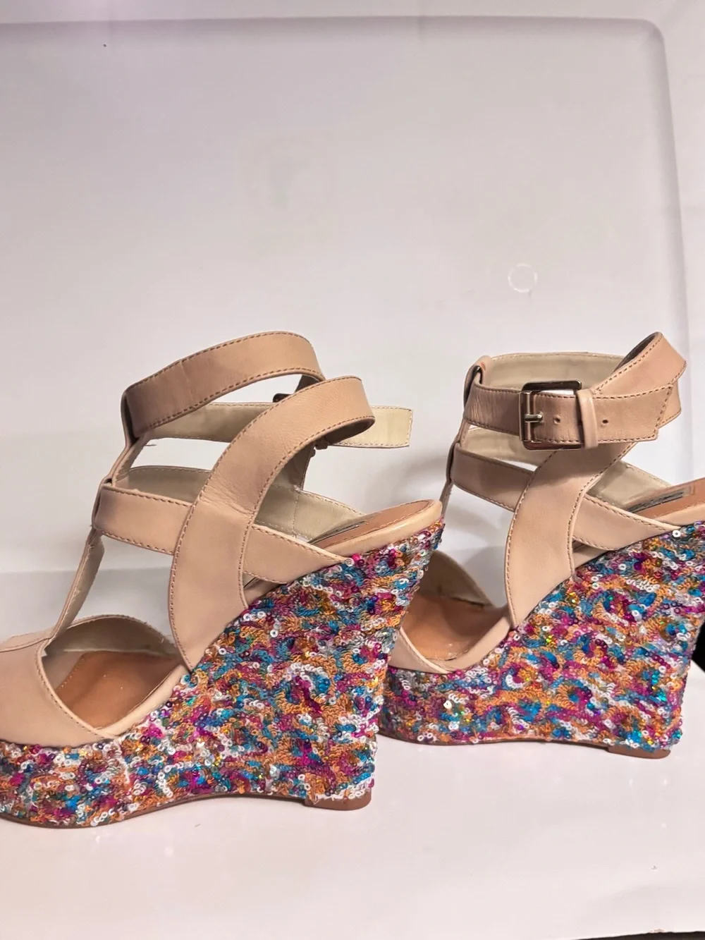 naughty monkey Nude T-Strap Wedge Sandals with Multicolor Sequin Platform